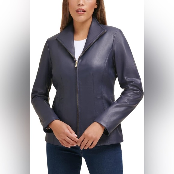 Cole Haan Jackets & Blazers - Cole Haan Dark Blue Wing Collar Leather Leather‎ Jacket SZ SM